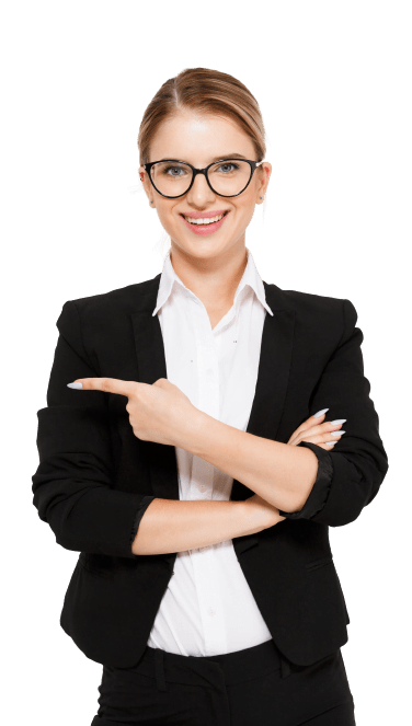 smiling blonde business woman eyeglasses pointing away removebg preview